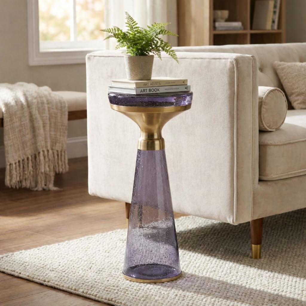 Modern Decorative Round Drink Table with Glass Base and Top with Gold Metal Accent, Martini, Gold Pedestal Table, Tall Side Table, Small Space end Table, for Living Room & Bedroom, Purple,Assembled