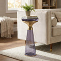 Modern Decorative Round Drink Table with Glass Base and Top with Gold Metal Accent, Martini, Gold Pedestal Table, Tall Side Table, Small Space end Table, for Living Room & Bedroom, Purple,Assembled