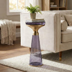 Modern Decorative Round Drink Table with Glass Base and Top with Gold Metal Accent, Martini, Gold Pedestal Table, Tall Side Table, Small Space end Table, for Living Room & Bedroom, Purple,Assembled