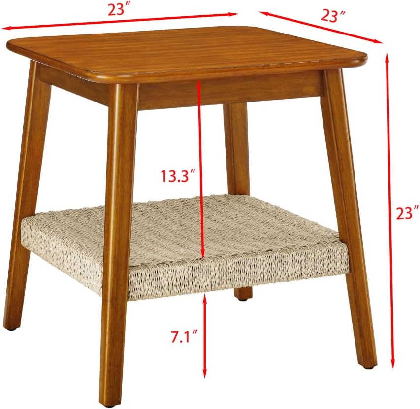 23" Mid-Century Side Table with Woven Shelf and Storage, for Living Room Couch Bedroom Patio Home Office,Dark Walnut (Side Table)