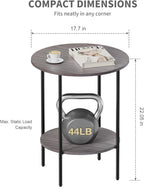 Side Table,Round End Table with 2 Storage Shelves| Compact Side Tables for Living Room, Couch, Office & Bedroom | Narrow Accent Table as Space-Saving Small Bedside Table 18x18x22in (Grey)