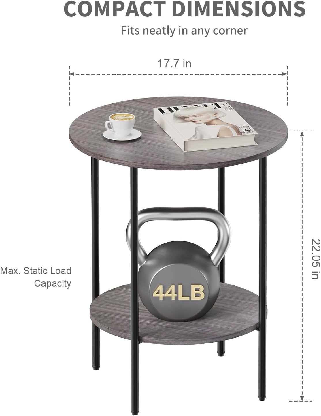 Side Table,Round End Table with 2 Storage Shelves| Compact Side Tables for Living Room, Couch, Office & Bedroom | Narrow Accent Table as Space-Saving Small Bedside Table 18x18x22in (Grey)