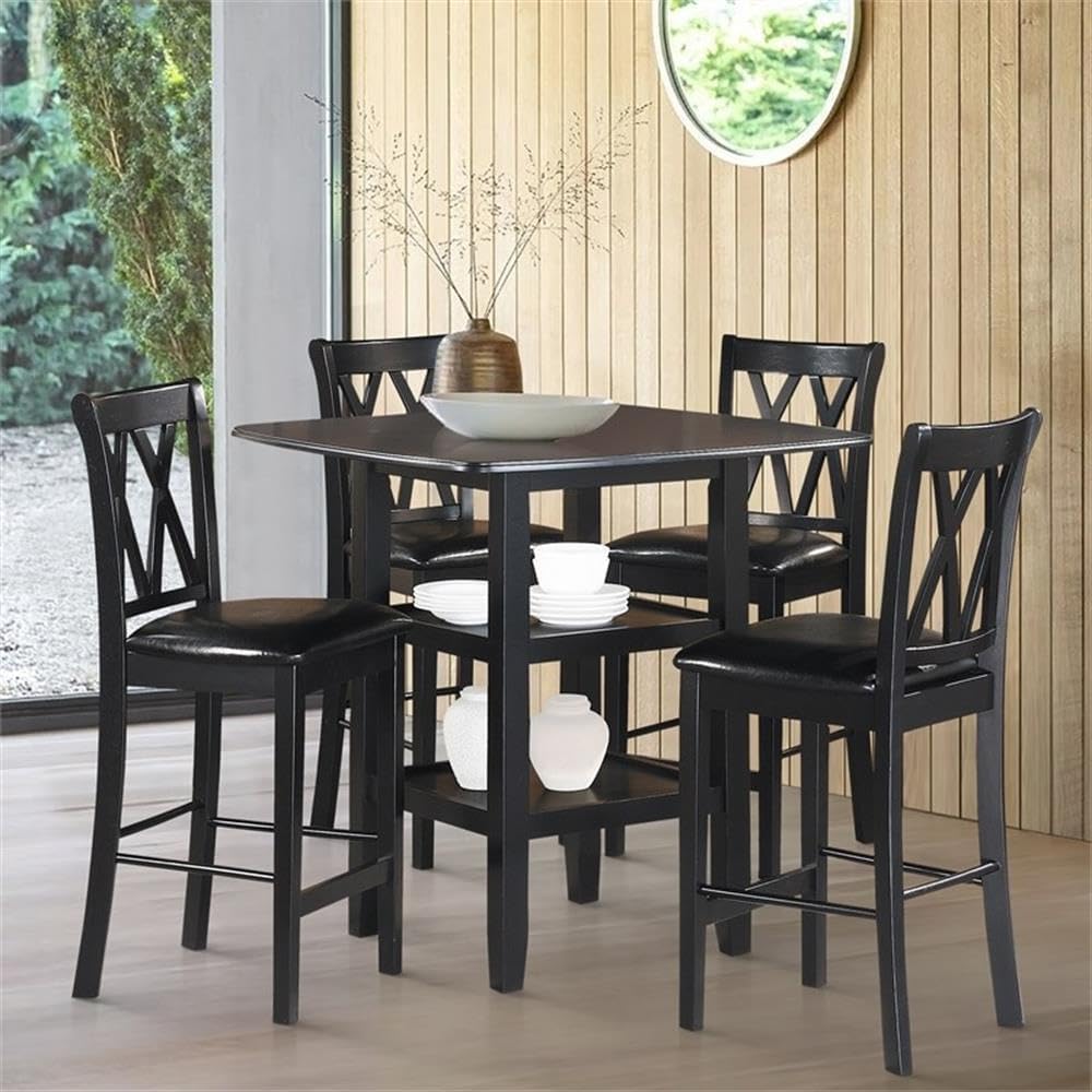 MAKLAINE 5 Piece Solid Wood Counter Height Dining Set, Black Finish, Table with 2 Shelves and 4 X-Back Chairs, Faux Leather Seat Upholstery, 39.5 in Table for Kitchen or Dining Room