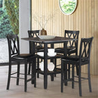 MAKLAINE 5 Piece Solid Wood Counter Height Dining Set, Black Finish, Table with 2 Shelves and 4 X-Back Chairs, Faux Leather Seat Upholstery, 39.5 in Table for Kitchen or Dining Room