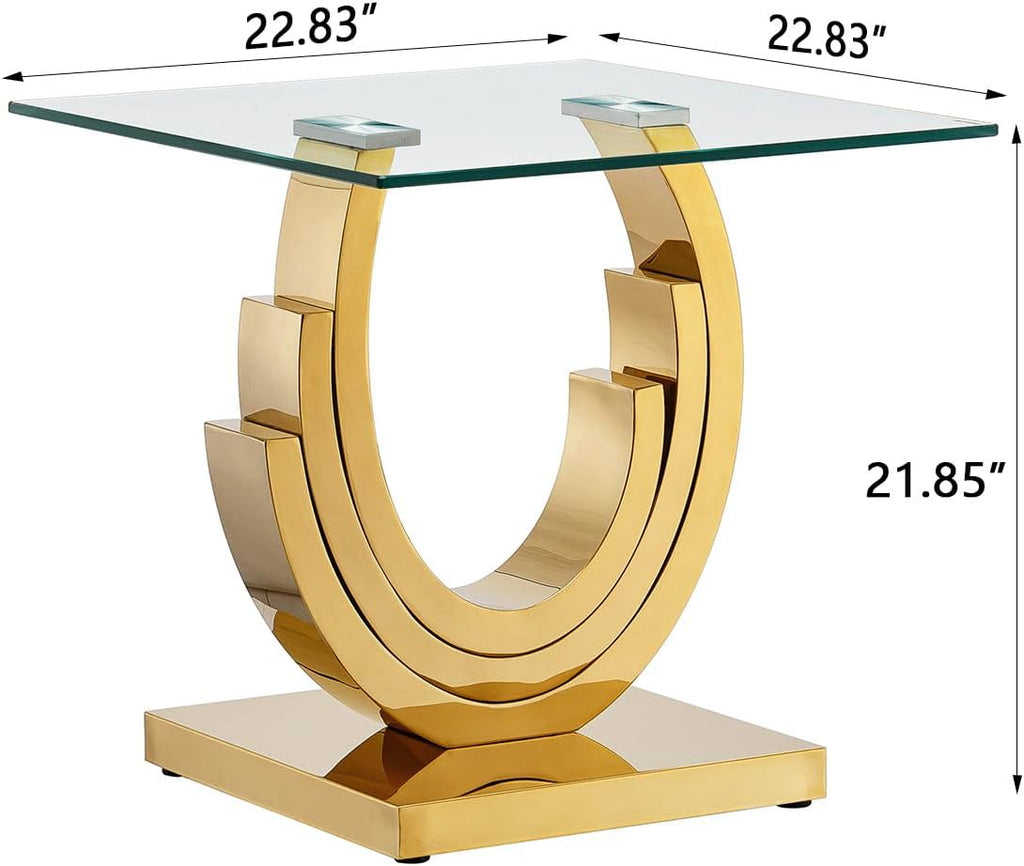 1 Piece Living Room End Table Luxury Glass Side Table, Elegant Gold End Table with Three Ring-Shape Stainless Steel Pedestal Base for Living Room Bedroom Office(1 End Table)