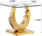 1 Piece Living Room End Table Luxury Glass Side Table, Elegant Gold End Table with Three Ring-Shape Stainless Steel Pedestal Base for Living Room Bedroom Office(1 End Table)