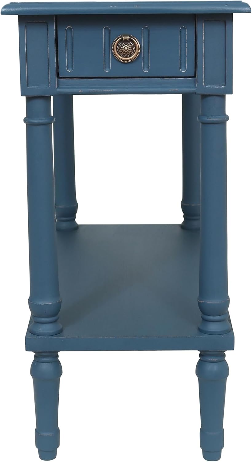 East at Main Handmade Solid Wood Narrow End Table with Drawer, Slim Blue Side Table for Bedroom, Living Room, or Entryway, Farmhouse Accent Furniture with Shelf and Turned Legs