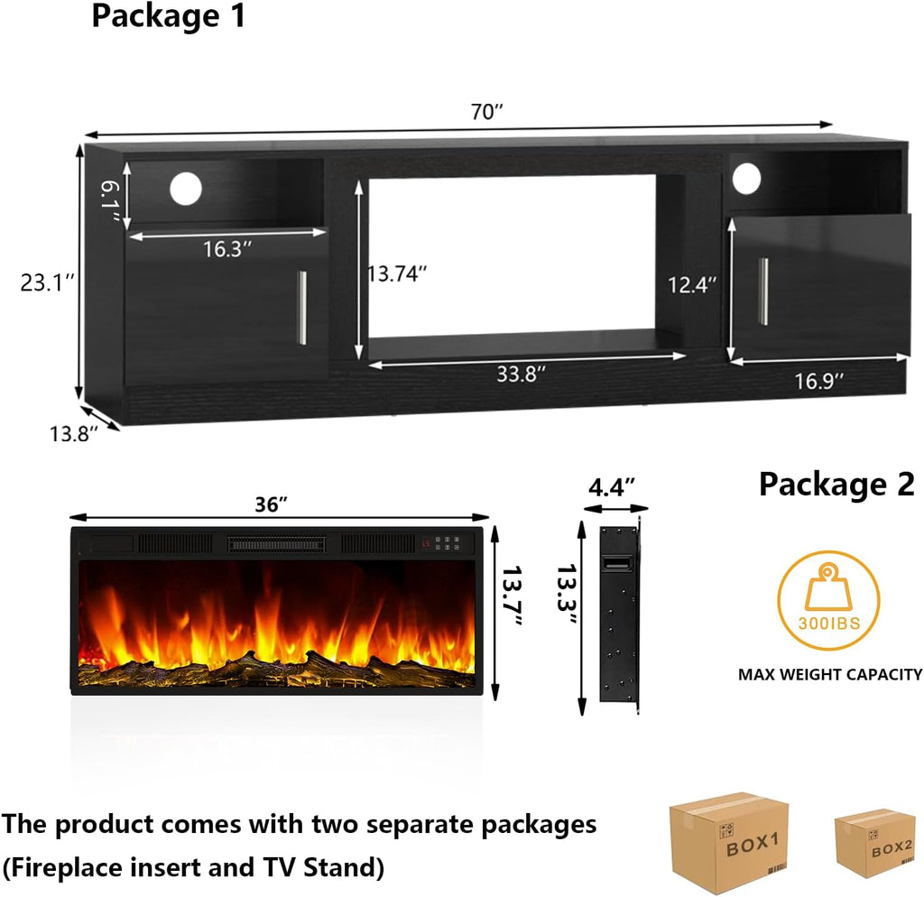 Tavata Fireplace TV Stand 70" Entertainment Center with 36" Fireplace, Wooden TV Stand for TVs Up to 80", Media TV Console with High Gloss Storage Cabinet and 20 Colors LED Lights (Black)
