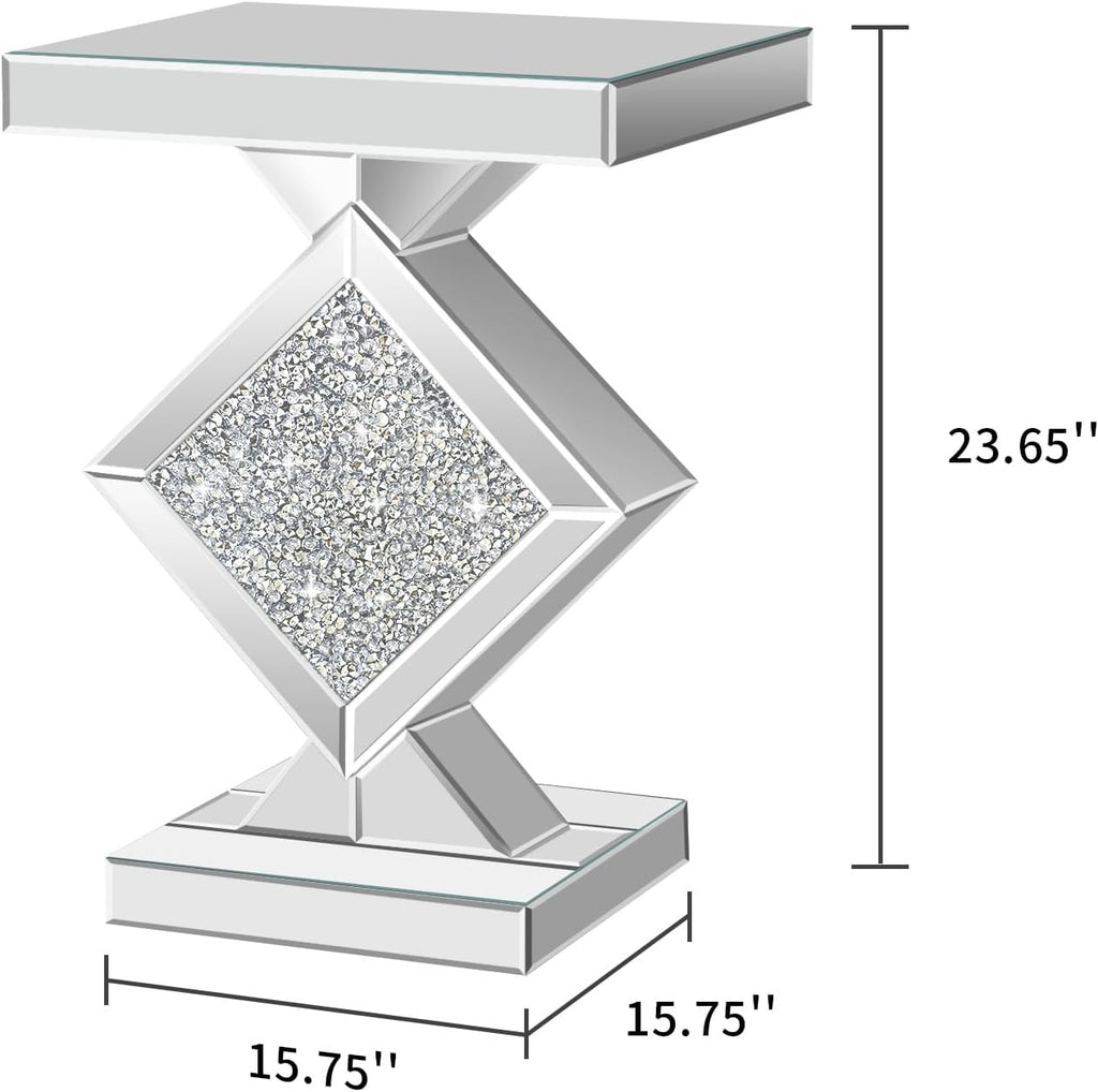 Crushed Diamond Mirrored End Table, Silver Side Accent Table, Small Mirrored Coffee Table for Living Room, Bedroom, 16"x16"x24"