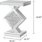 Crushed Diamond Mirrored End Table, Silver Side Accent Table, Small Mirrored Coffee Table for Living Room, Bedroom, 16"x16"x24"