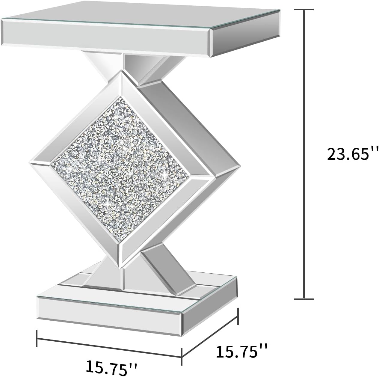Crushed Diamond Mirrored End Table, Silver Side Accent Table, Small Mirrored Coffee Table for Living Room, Bedroom, 16"x16"x24"