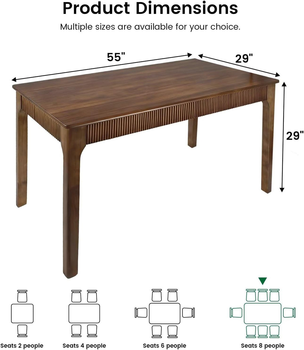 55" Solid Wood Dining Room Table for 4-6,Modern Farmhouse Rectangular Kitchen Real Wooden Table,Mid Century Fluted Design Large Furniture Desk for Home,Apartment,Living Room Walnut