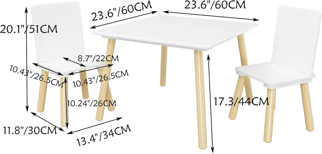 ALEVINE 3 Piece Square Back Kids Table Set | Kids wooden table and chair set with animal-themed chairs, designed for play, learning, crafts, and activities.