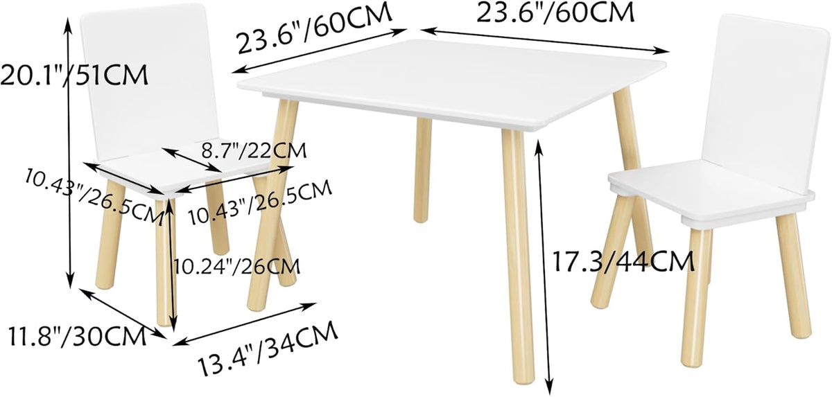ALEVINE 3 Piece Square Back Kids Table Set | Kids wooden table and chair set with animal-themed chairs, designed for play, learning, crafts, and activities.