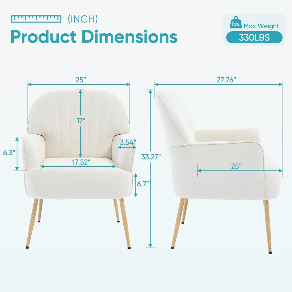 Velvet Accent Chair, Modern Upholstered Single Living Room Chairs with Tufted Back, Cozy Sofa Side Armchair with Metal Legs for Bedroom/Office/Reading Room, Beige