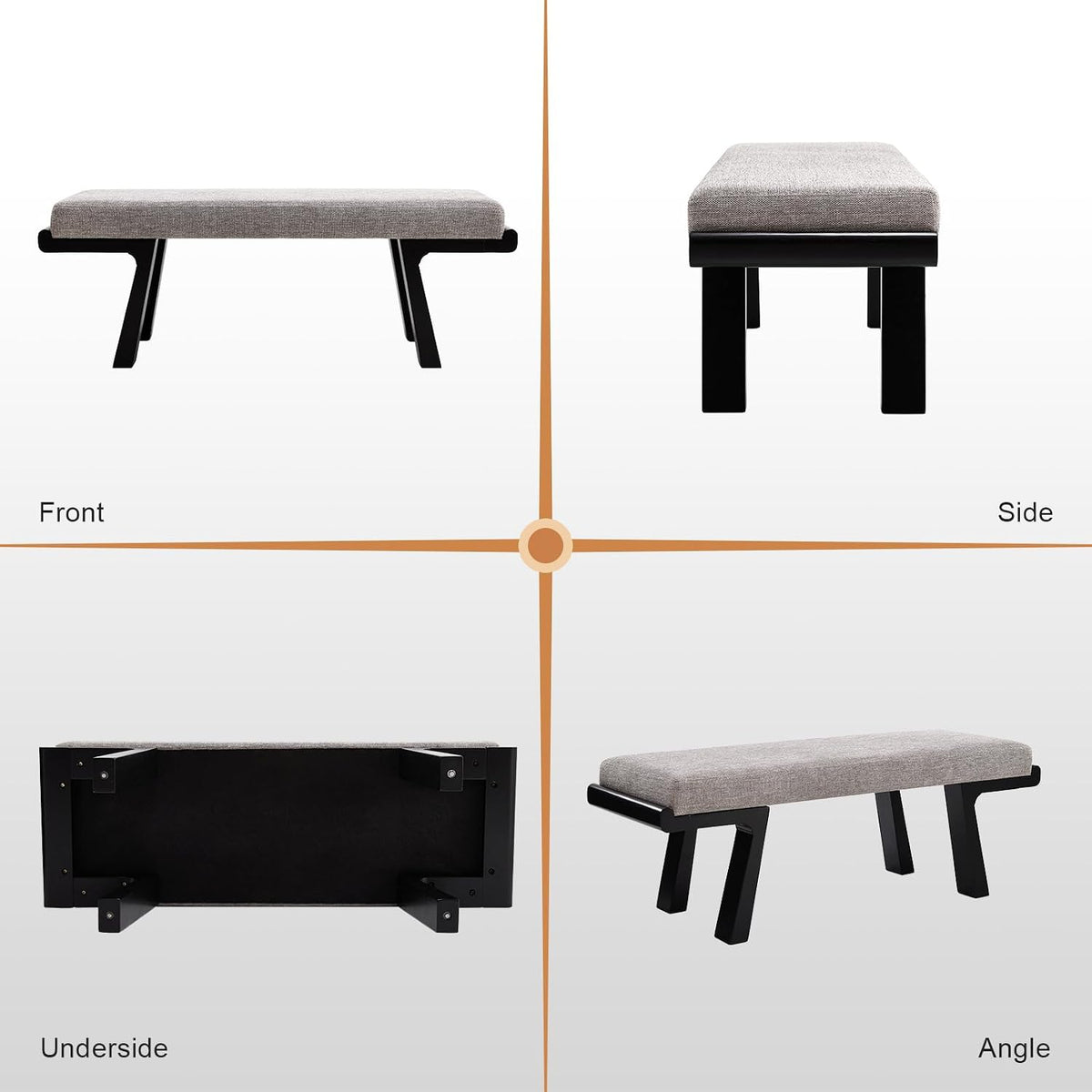 Zesthouse Solid Wood Bench for Bedroom End of Bed, Upholstered Small Entryway Bench with Cushion, 47" Grey Linen Ottoman Bench with Black Wood Legs, Modern Dining Bench Seat, for Indoor Living Room