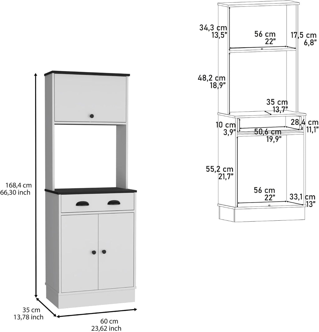 Apex Kitchen Pantry 66.3" H with Drawer, 2 Cabinets, and Microwave Stand, White/Black