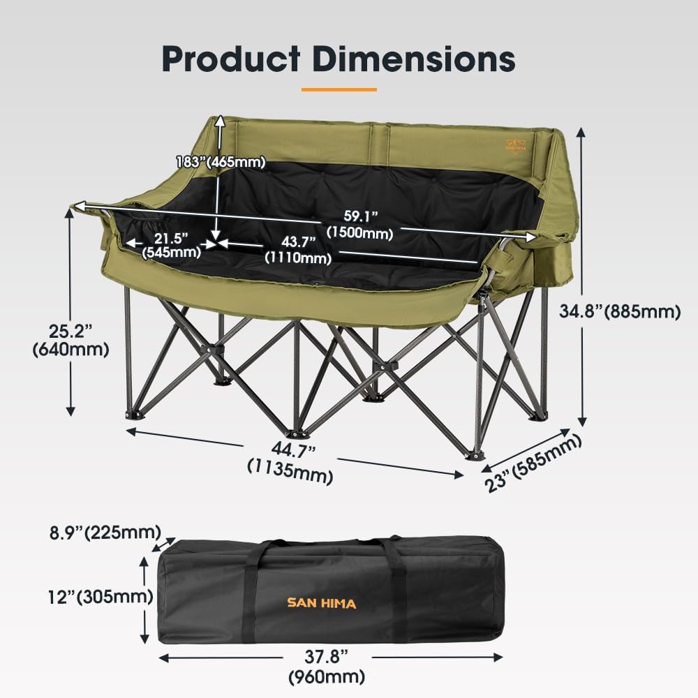 SAN HIMA Double Camping Chair for 2 Person, 650 LBS Heavy Duty Folding Loveseat with 43.7" Thick Padded Seat, Adjustable Cup Holders & Carry Bag, Waterproof Steel Camp Couch for Beach, Lawn & Backyard
