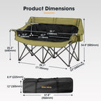 SAN HIMA Double Camping Chair for 2 Person, 650 LBS Heavy Duty Folding Loveseat with 43.7" Thick Padded Seat, Adjustable Cup Holders & Carry Bag, Waterproof Steel Camp Couch for Beach, Lawn & Backyard