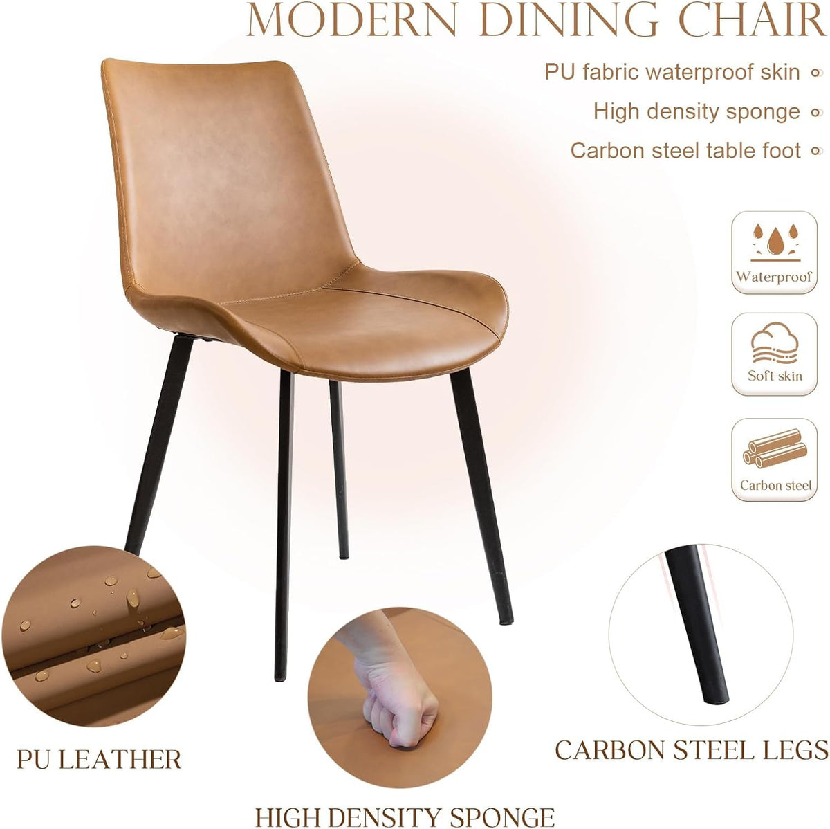 Dining Chairs Set of 2, Modern PU Leather Dining Room Chair with Sturdy Metal Legs, Upholstered Faux Leather Cushion Seat Dinner Chairs Accent Side Chairs for Indoor Kitchen Living Room,Brown