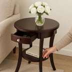 Casafoyer Wood Sasha Accent Table, 20" Round Top, 27" High, Solid Wood with Drawer & Shelf, Elegant Curved Design in Cappuccino Finish, Versatile for Living Room, Bedroom, or Entryway