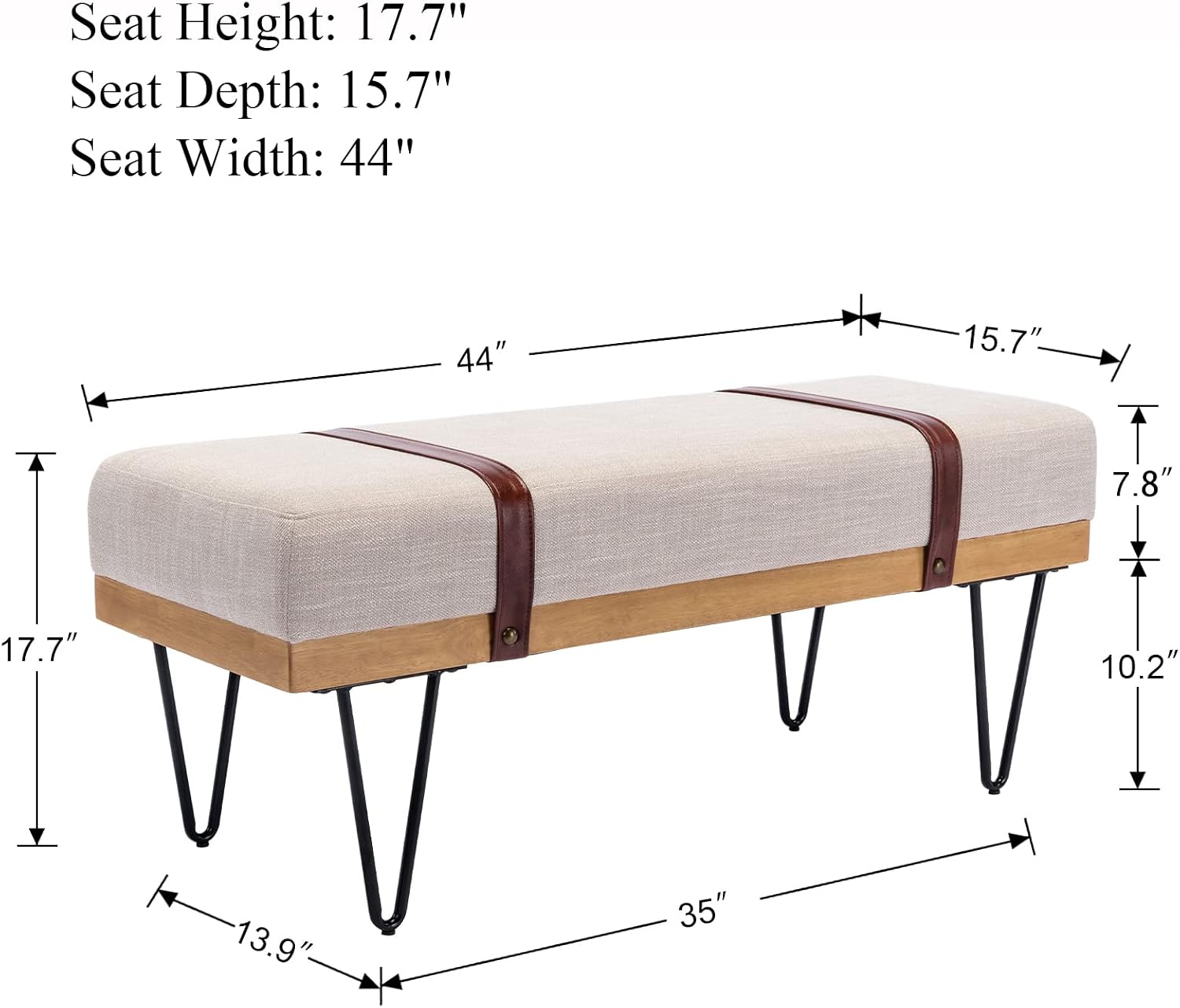 DUOMAY Industrial Modern Linen Rectangle Ottoman Bench with PU Strap and Metal Legs, Mid Century Dining Table Bench Footstool Entryway Shoe Bench for Bedroom Dining Room Living Room, Beige