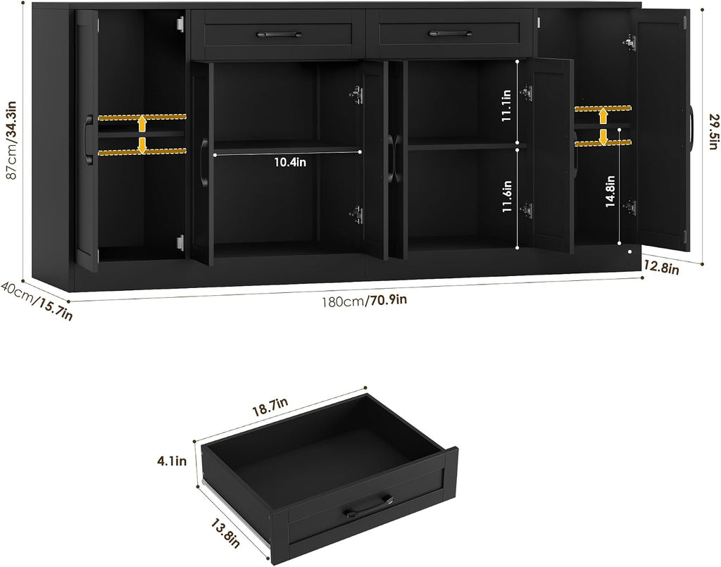 BOTLOG 71” Large Buffet Cabinet with Storage, Sideboard Buffet Cabinet with Adjustable Shelves and 6 Soft-Close Doors, Wood Coffee Bar Console Table for Kitchen, Dining Room, Black