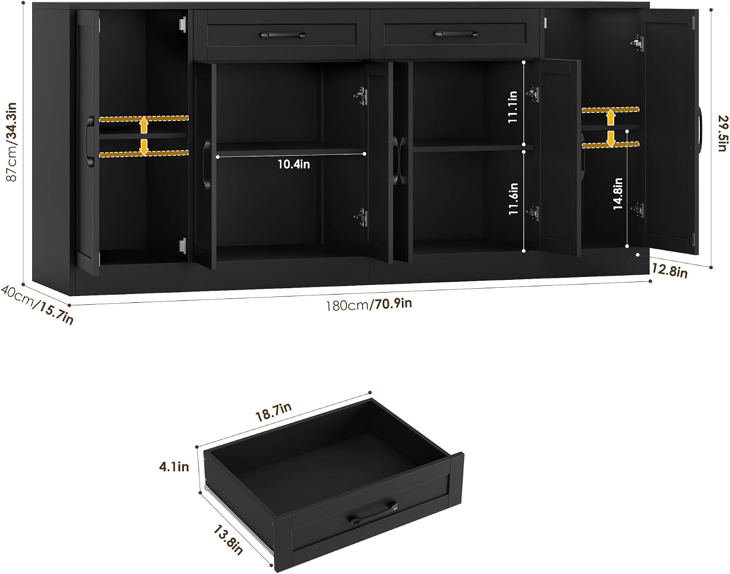 BOTLOG 71” Large Buffet Cabinet with Storage, Sideboard Buffet Cabinet with Adjustable Shelves and 6 Soft-Close Doors, Wood Coffee Bar Console Table for Kitchen, Dining Room, Black