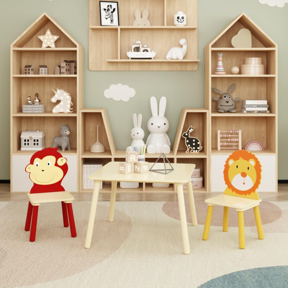 Kids Table and 2 Chairs Set, 3 Pieces Toddler Table and Chair Set, Wooden Activity Play Table Set (Lion&Monkey) (Yellow + Red)