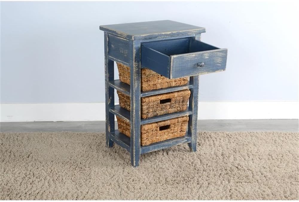 Pemberly Row Solid Wood End Table, Ocean Blue Finish, Rough Sawn Mahogany, Storage Drawer, 3 Removable Woven Baskets, Contemporary Accent Table for Living Room, Kitchen, or Bathroom Use