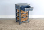 Pemberly Row Solid Wood End Table, Ocean Blue Finish, Rough Sawn Mahogany, Storage Drawer, 3 Removable Woven Baskets, Contemporary Accent Table for Living Room, Kitchen, or Bathroom Use