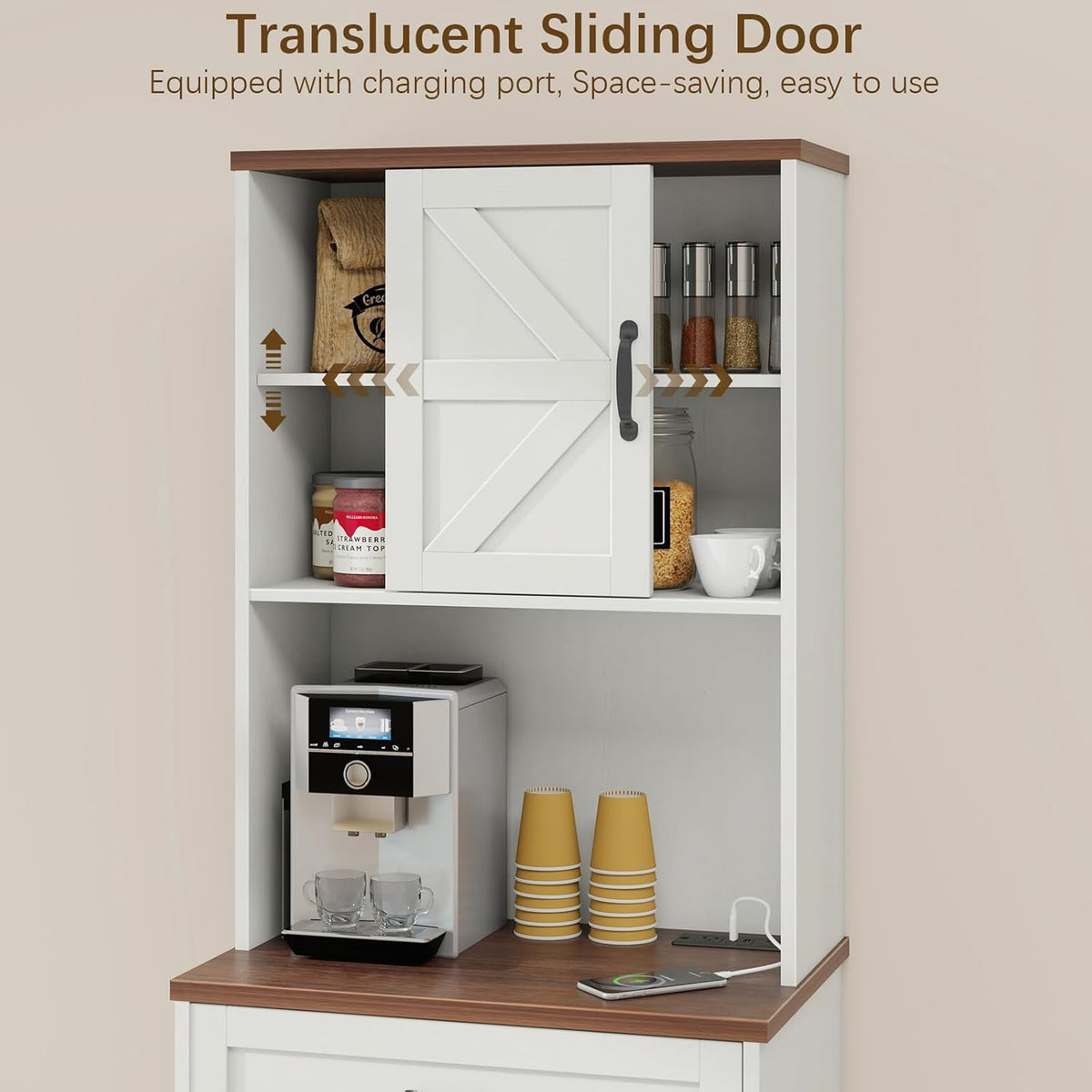 Vabches 68" Farmhouse Storage Cabinet with LED Light & Charging Station, Tall Kitchen Pantry Storage Cabinet with Storage Drawers, Coffee Bar with Hutch for Home Dining Living Room, Rustic White