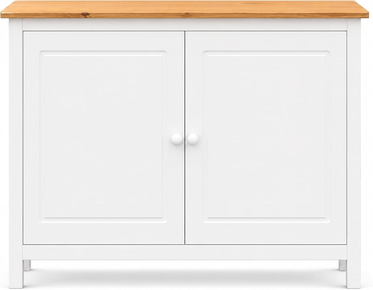 From the Tree Furniture 44" Wide White & Pine Top Solid Pine Shaker Sideboard Buffet Cabinet — 2 Doors Adjustable Shelf — No Drawer · Anti-Tip Included — Two-Tone Farmhouse Finish