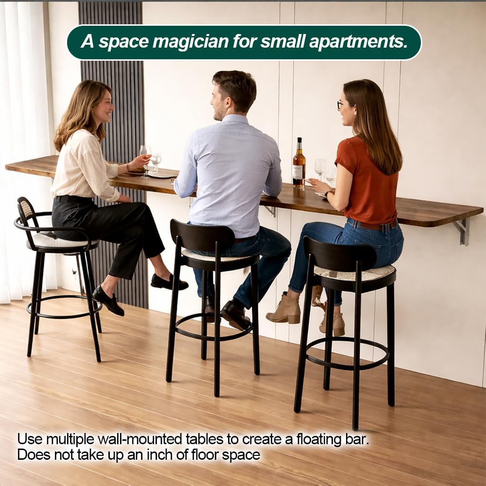 Rustic Wall Mounted Folding Table, Solid Wood Floating Desk with Stainless Steel Brackets, Space Saving Shelf for Home Office, Kitchen, Dining, Laundry Room (60X40cm / 23.63"X15.75")