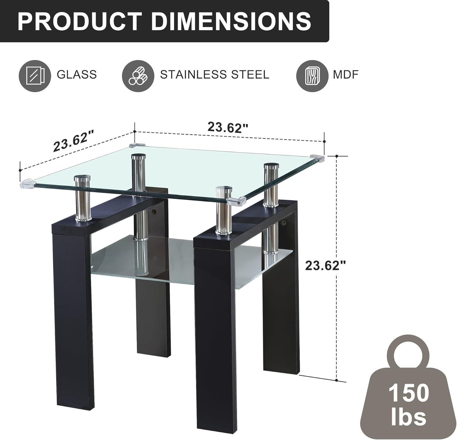 Square Glass End Table,2-Tier Tempered Glass Modern Living Room Side Table with Metal Leg,Living Room/Small Space/Apartment