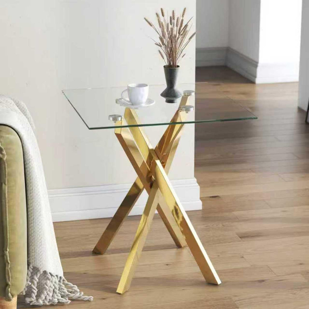 Small Side Table with Chromed Legs, Tempered Glass Square Modern End Table Sofa Table for Living Room Home Office (1, Gold, 20"×20"×22")
