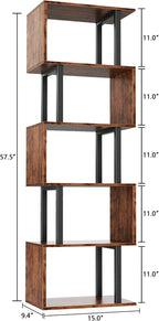 Furologee 6 Tier Bookshelf, S Shaped Geometric Bookcase, Rustic Brown
