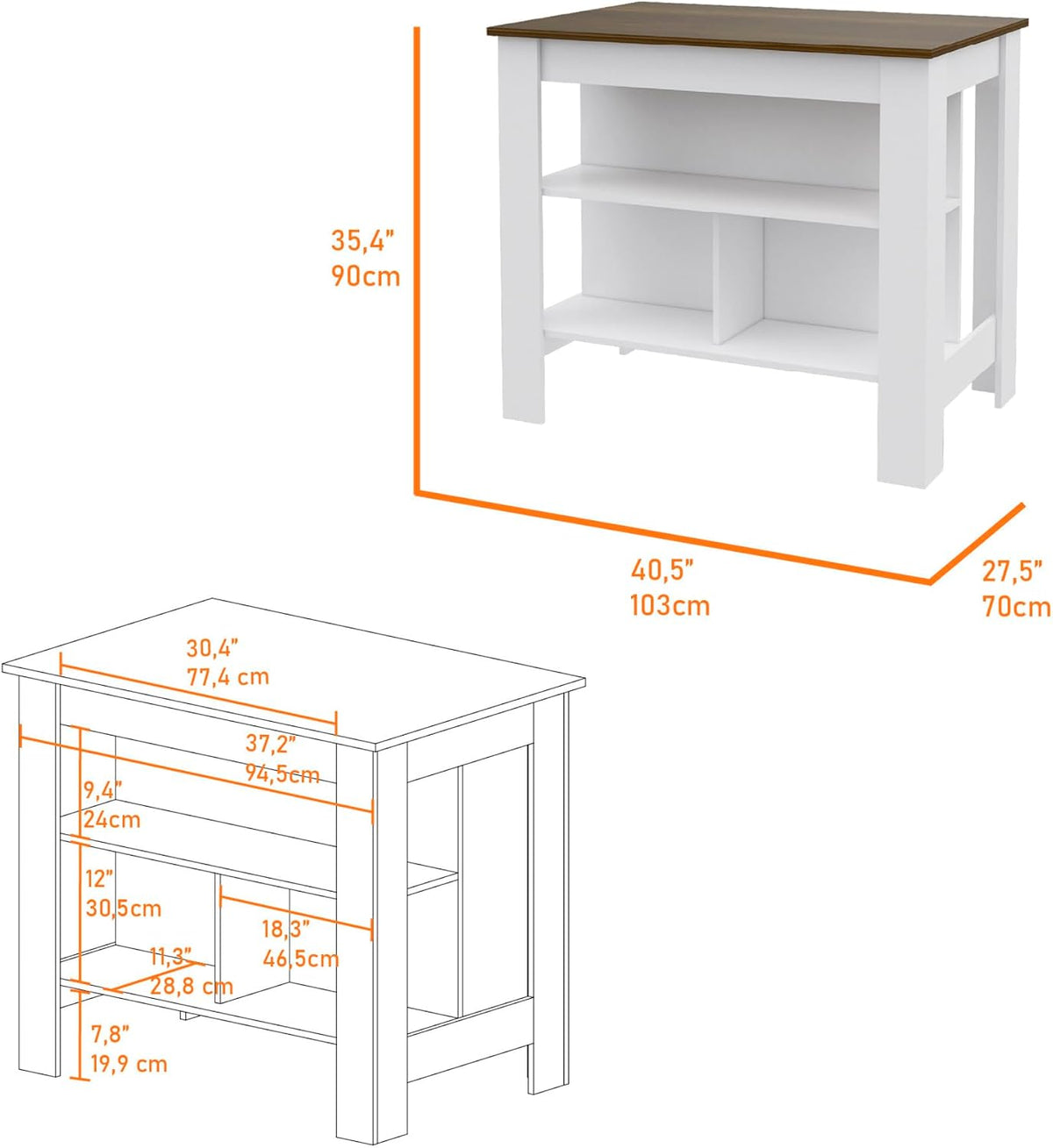 Kitchen Island with Three Concealed Shelves, Multicolor | Modern kitchen island with three concealed shelves and spacious surface