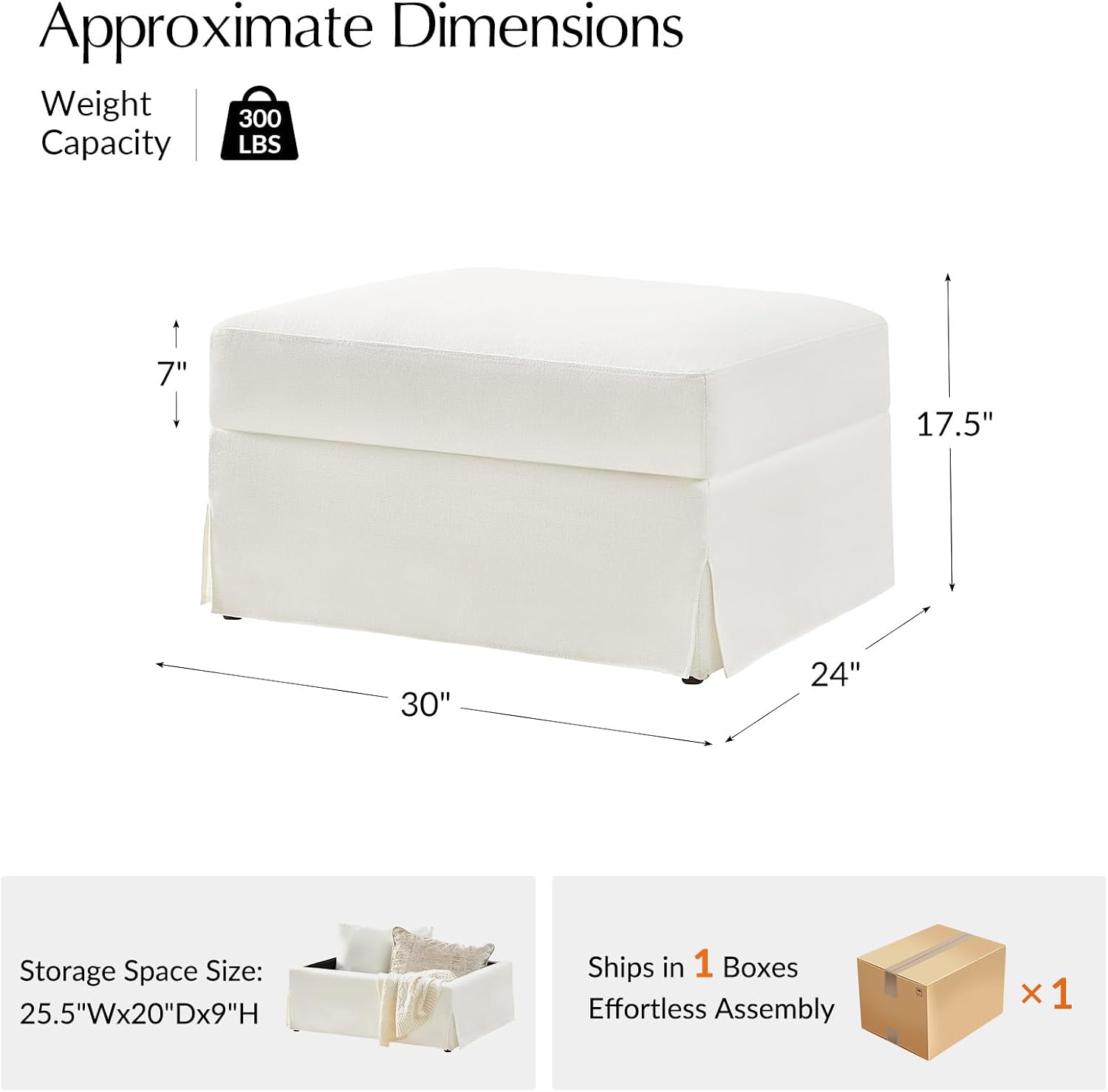 HULALA HOME Storage Ottoman Coffee Table with Lift Top, Farmhouse Linen Upholstered Ottoman with Removable Fabric Cover, 30-Inch Large Coffee Table with Storage for Living Room, Bedroom, Ivory
