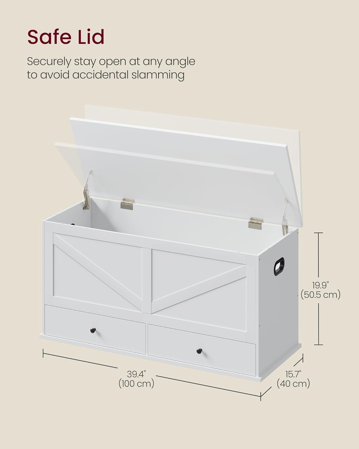 VASAGLE Storage Chest with 2 Fabric Drawers, 15.7 x 39.4 x 19.9 Inches | Storage Bench, Farmhouse Style, Cloud White, HAINS Collection ULSB043W01