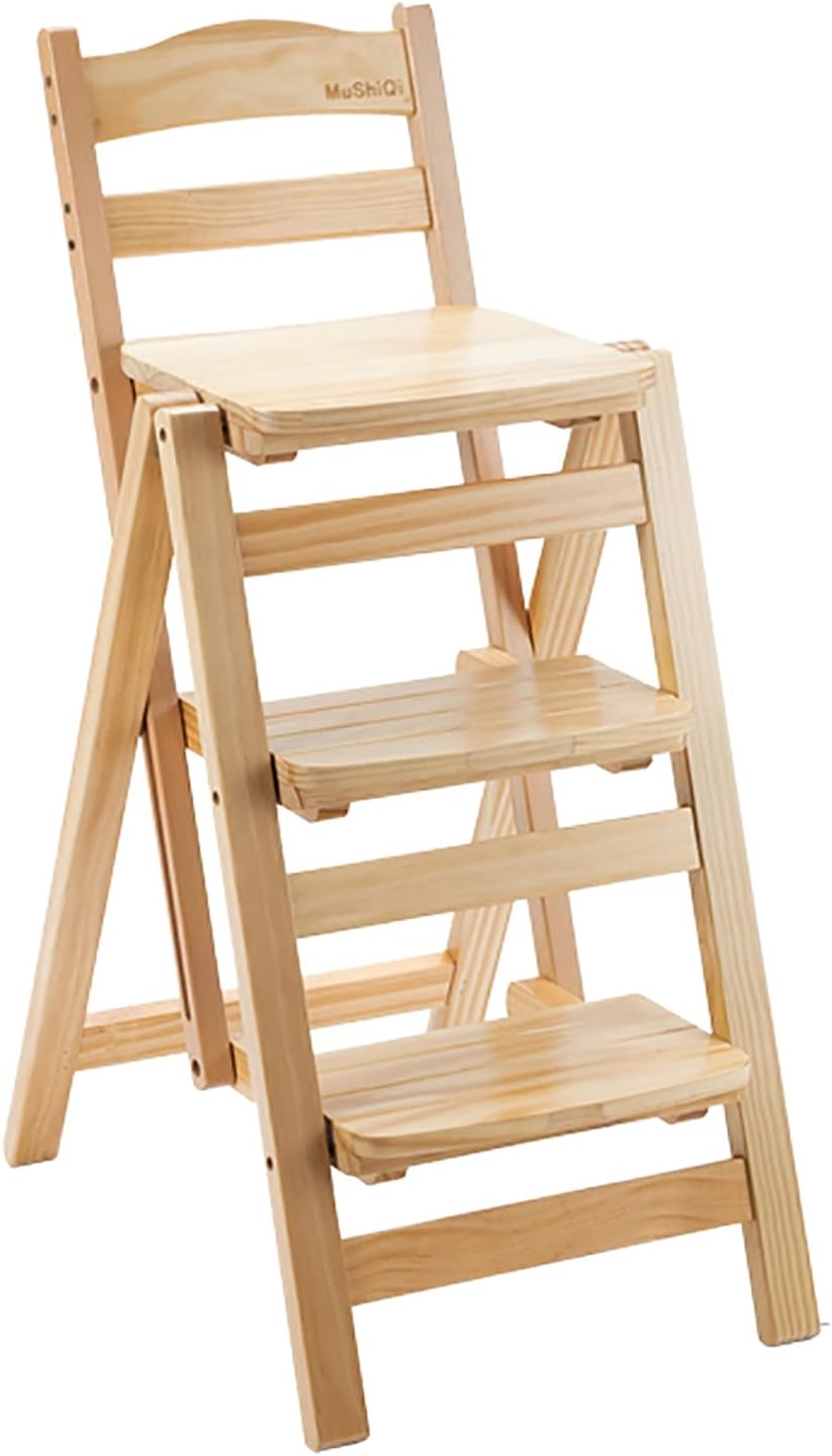Folding Bar Stool 3 Step Ladder Stool,Solid Wood Counter Height Foldable Stool Tall Stool,Folding High Bar Stool Portable Step Stool Chair for Adults Kitchen Outdoor(21.5” X 15.7” X 34.6”, Beige)