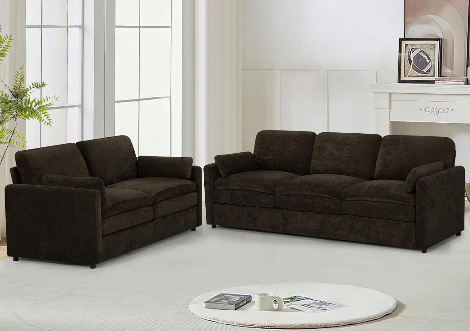 Comfy Chenille Sofa Set with Well-Filled Pillows, Brown | Modern 3 Seater & Loveseat Sofa w/Upholstered Cushions, 2 Pieces Sectional Couch w/Soft & Thickened Seats for Living Room