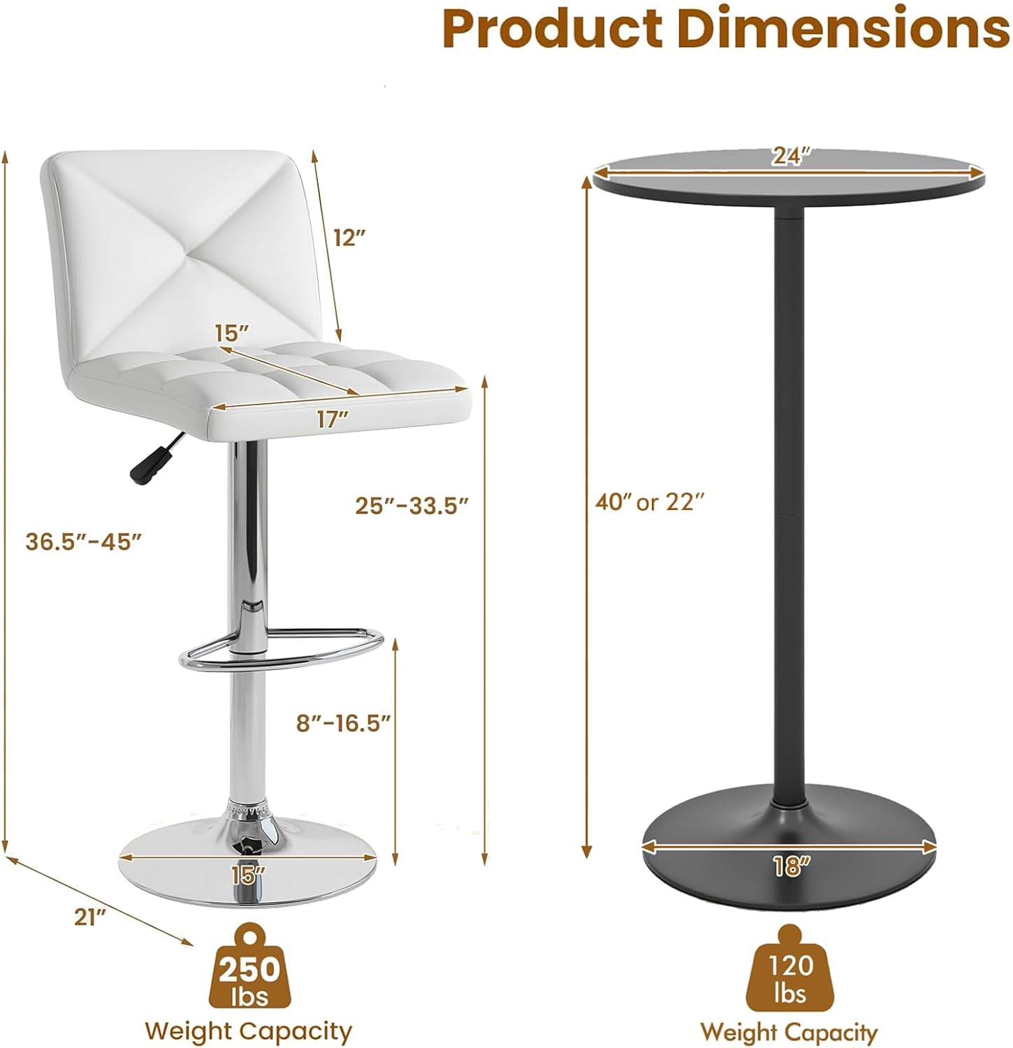 COSTWAY 3 Pieces Bar Table Set, Round Cocktail Table and PU Leather Adjustable Swivel Chairs, Modern Counter Height Furniture Set with 2 Bar Stools for Small Space, Kitchen, Office (White+Black)