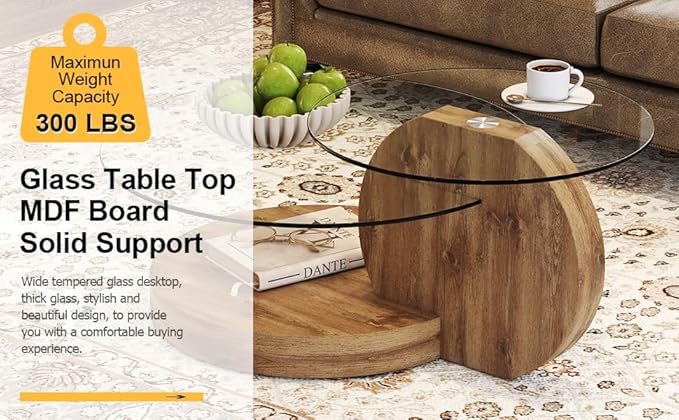 Glass Coffee Table, Modern Round Glass Coffee Table with Wooden Base, 3 Tier Round Coffee Table, Clear Cocktail Table with Storage for Living Room, Office, Balcony, Wood