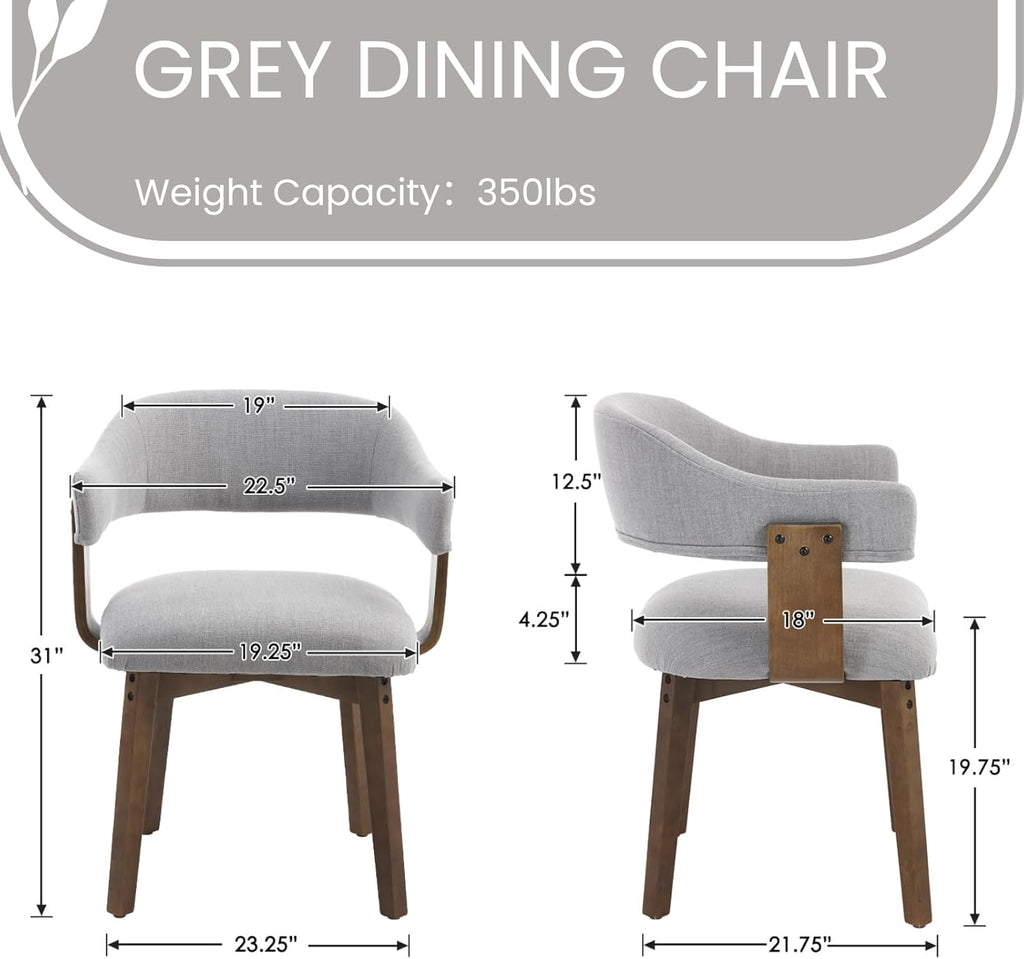 ROCITY Wooden Dining Chairs Set of 4 Modern Fabric Upholstered Dining Room Chairs with Curved Backrest and Walnut Legs for Kitchen,Living Room, Grey
