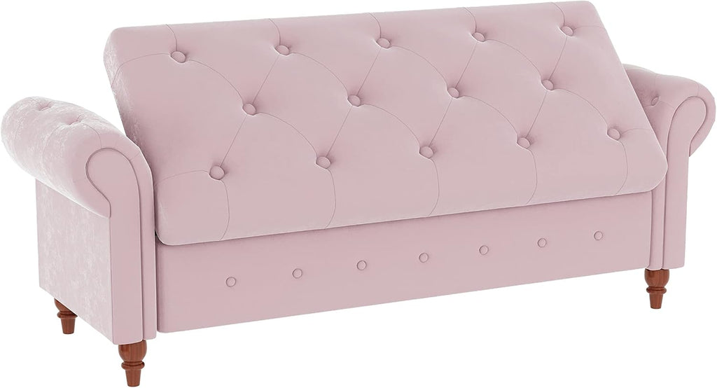 GNIXUU Ottoman with Storage Bench for Bedroom, 63" Velvet Upholstered End of Bed Storage Bench Seat, Rolled Arm Cushioned Ottoman with Wood Legs, Modern Window Chair for Living Room, Entryway, Pink
