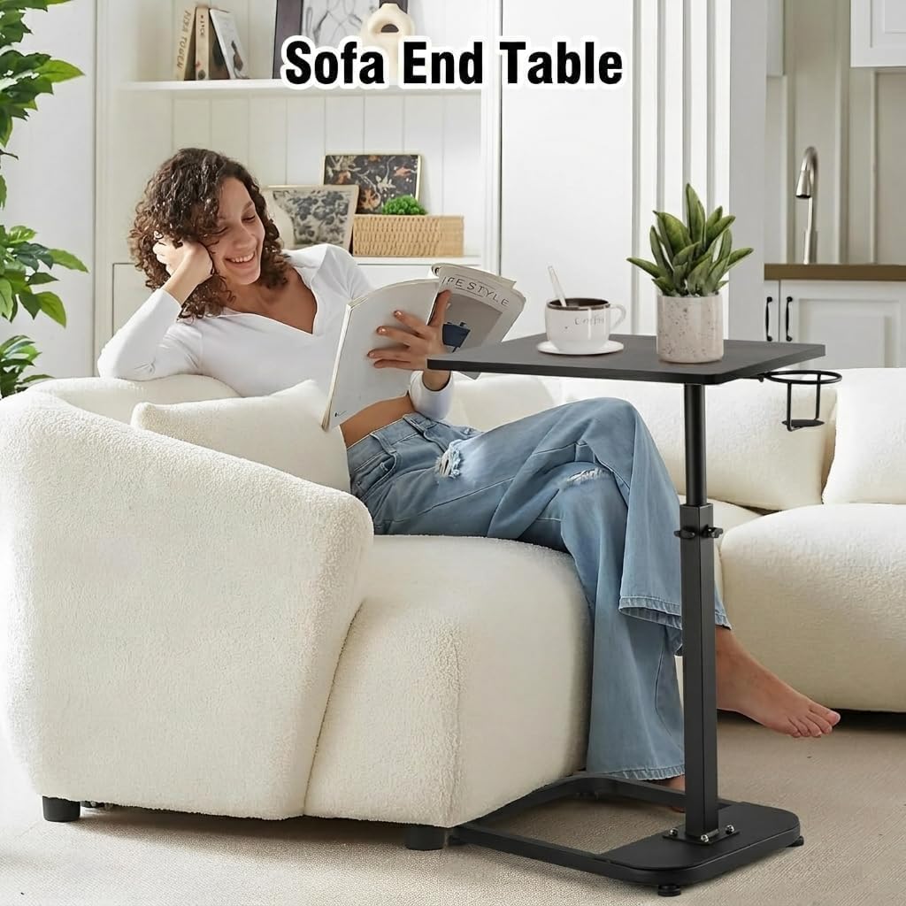 facka Adjustable C-Shaped TV Tray Table 18-32 Inch Height Couch Table | 15.8 x 11.8 Top, Metal Frame Side Table for Sofa, C Table, TV Dinner Tray Table, Laptop Snack Table for Small Spaces Brown