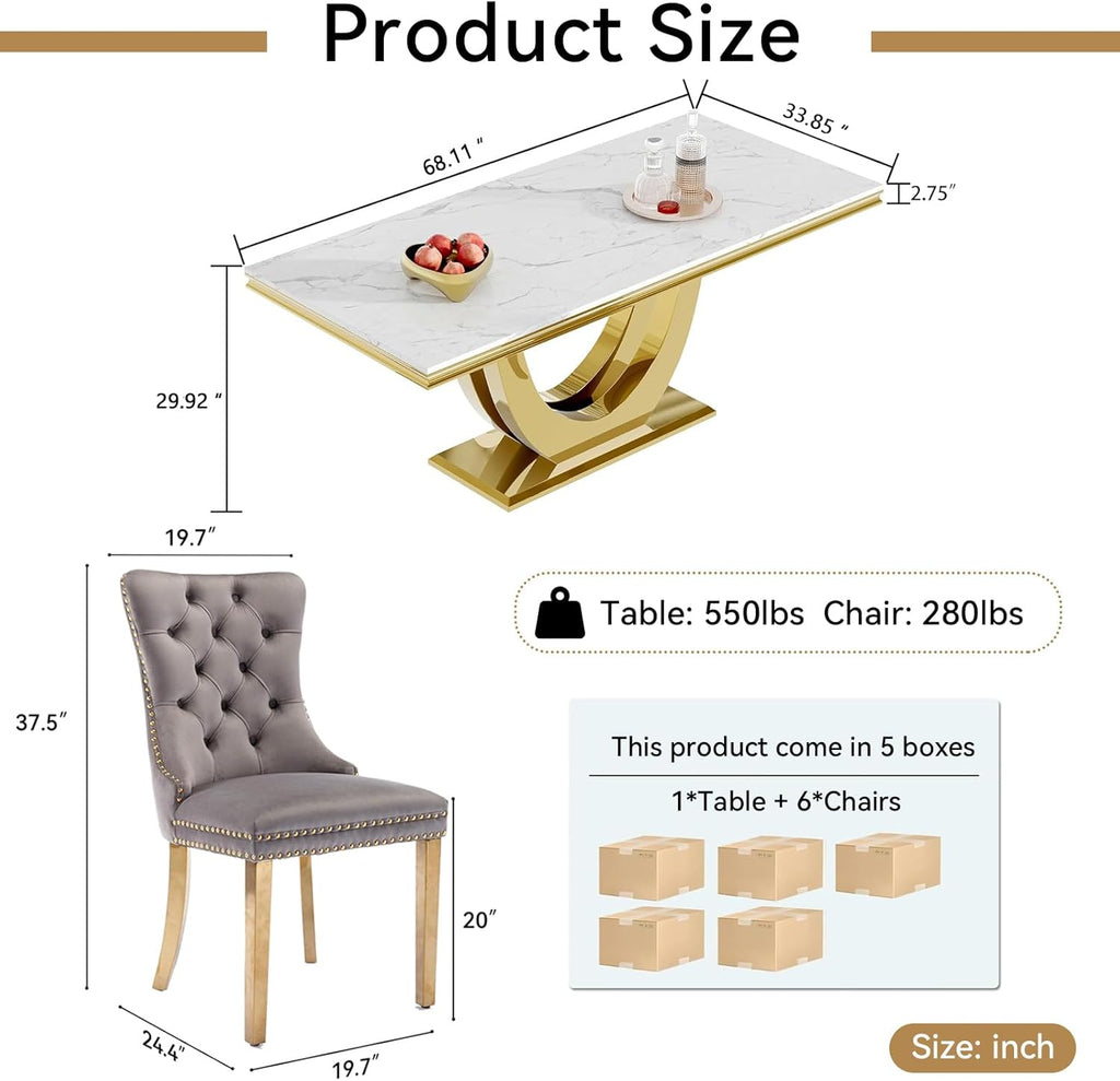 68" Marble Dining Table Set for 6, Luxury White Gold Kitchen Table with 6 Grey Velvet Dining Chairs, Modern Fuax Marble 7-Piece Dining Room Table Set for 6 w/Stainless Steel U-Base