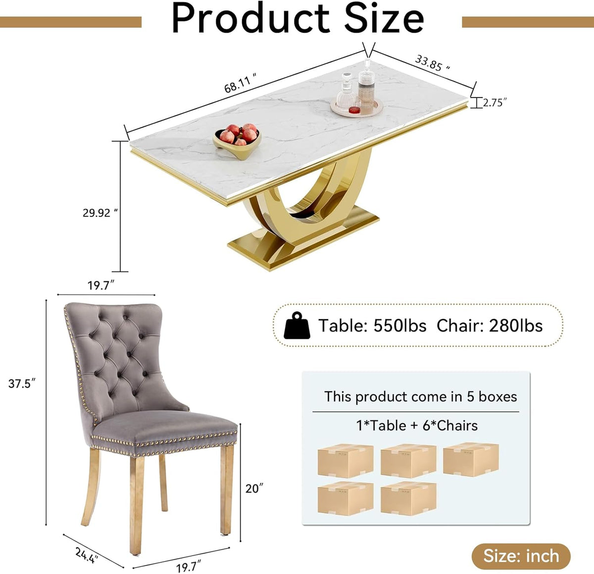 68" Marble Dining Table Set for 6, Luxury White Gold Kitchen Table with 6 Grey Velvet Dining Chairs, Modern Fuax Marble 7-Piece Dining Room Table Set for 6 w/Stainless Steel U-Base