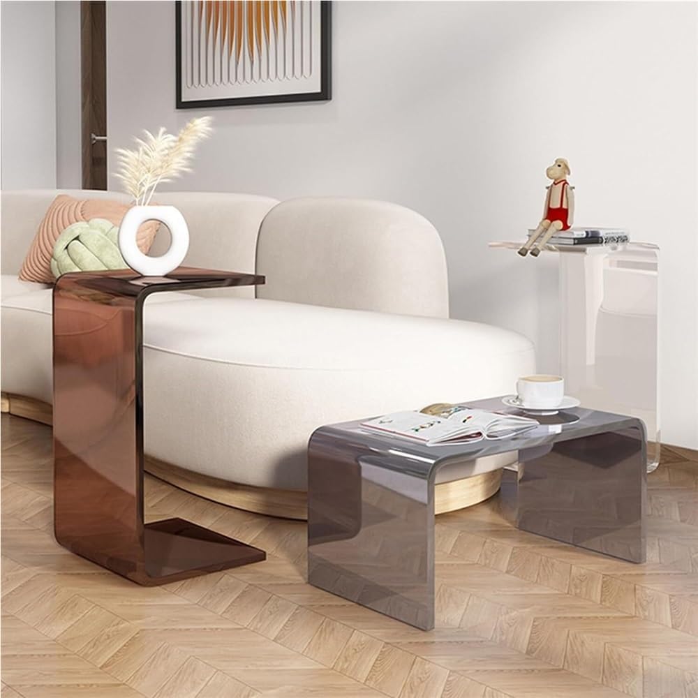 C-Shaped Acrylic End Table, Clear Side Table, Minimalist Rectangle Coffee Table, Small Nightstand for Living Room(Brown,60cm/23.6in)